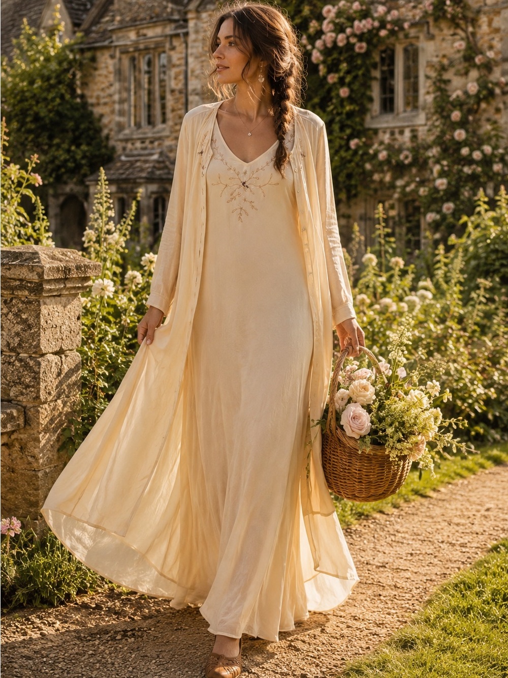 April Cornell 2 Piece Rayon Maxie Dress Duster Set Embroidered M Romantic
